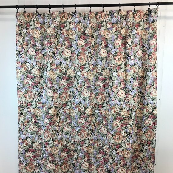 Vintage Pink Blue & Black Roses Printed Curtain Panel, Floral Cotton Fabric - Picture 1 of 15